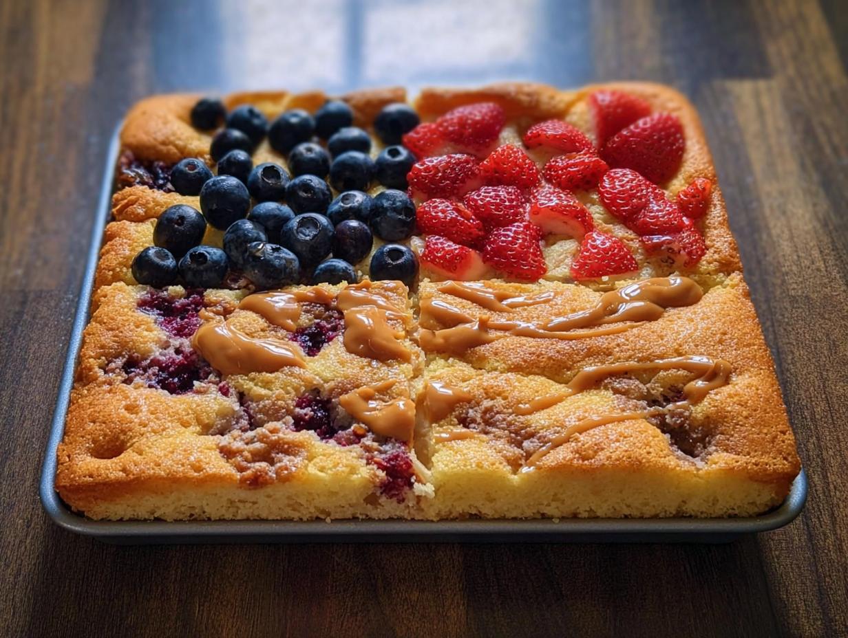 A square breakfast cake topped with blueberries, strawberries, and a caramel drizzle, part of 10-Ingredient Breakfast Ideas Recipes.