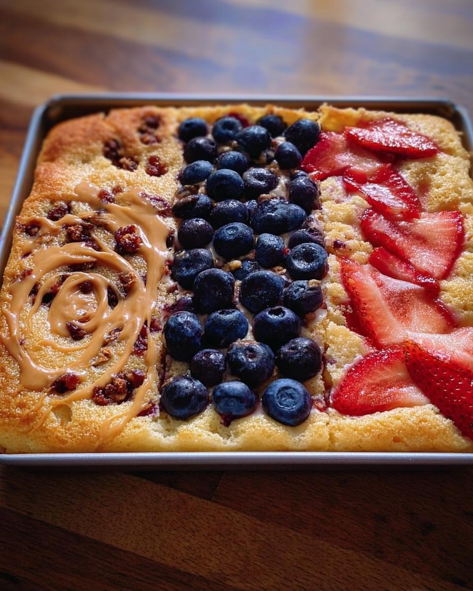 A 10-ingredient breakfast sheet pan divided into three sections: peanut butter swirl, blueberries, and sliced strawberries.