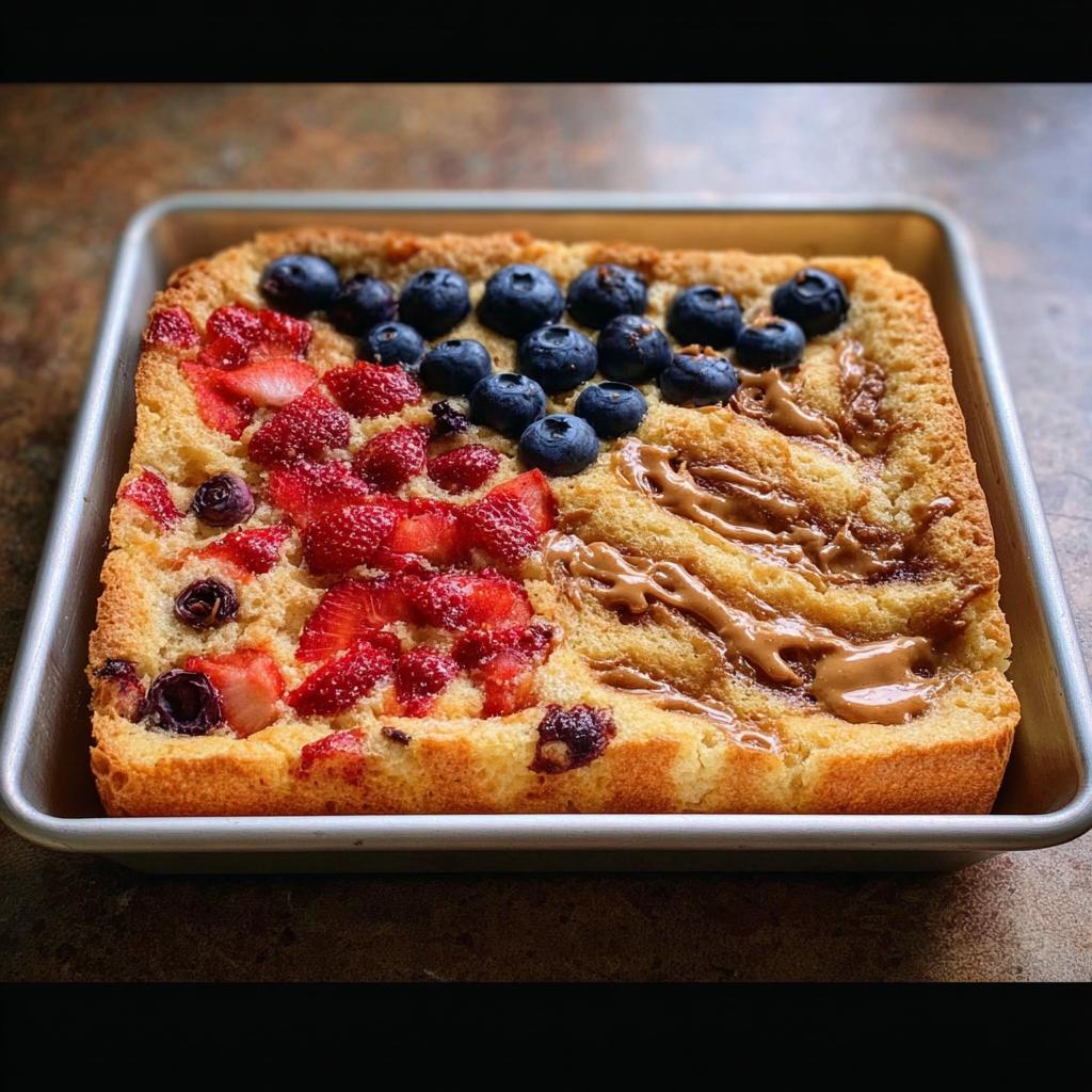 A 10-ingredient breakfast sheet pan cake topped with strawberries, blueberries, and a drizzle of peanut butter.