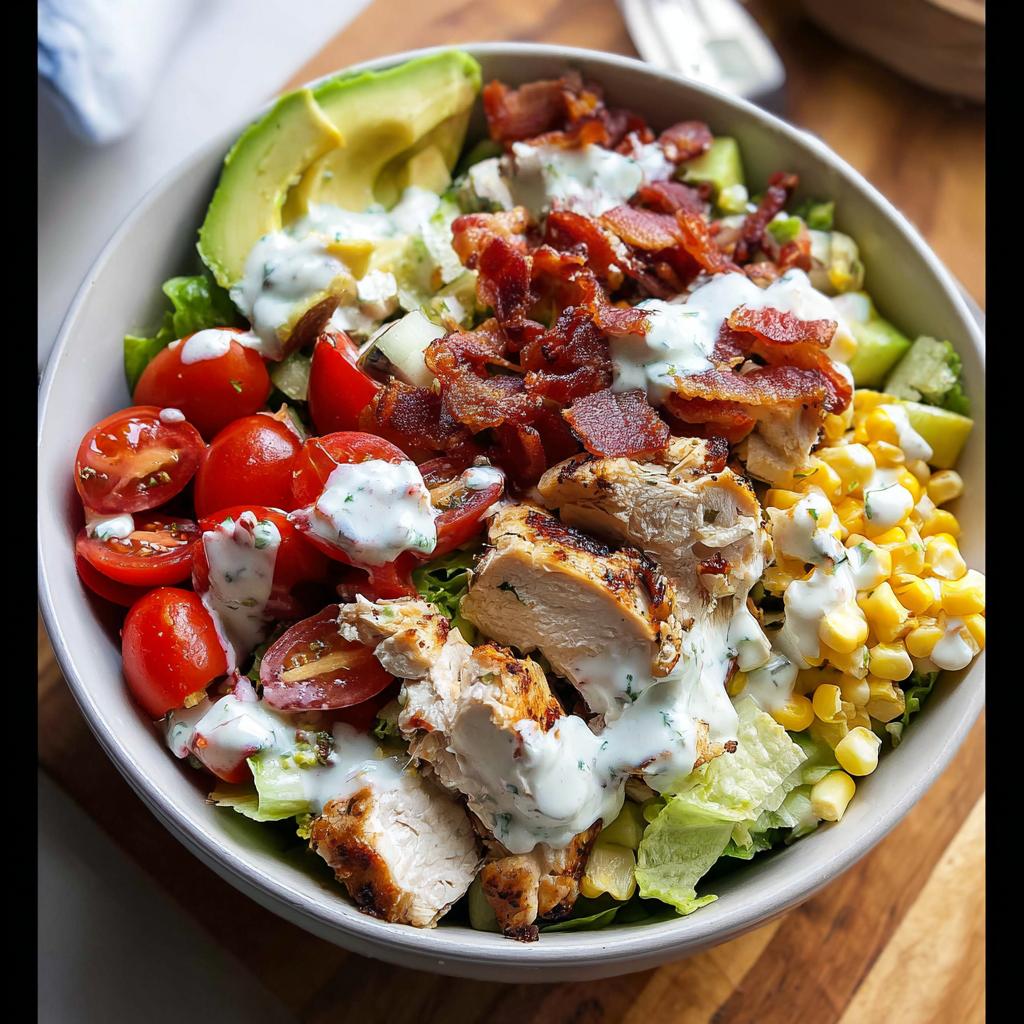 A delicious bowl of 10-ingredient chicken salad featuring grilled chicken, bacon, avocado, tomatoes, and corn with a creamy dressing.