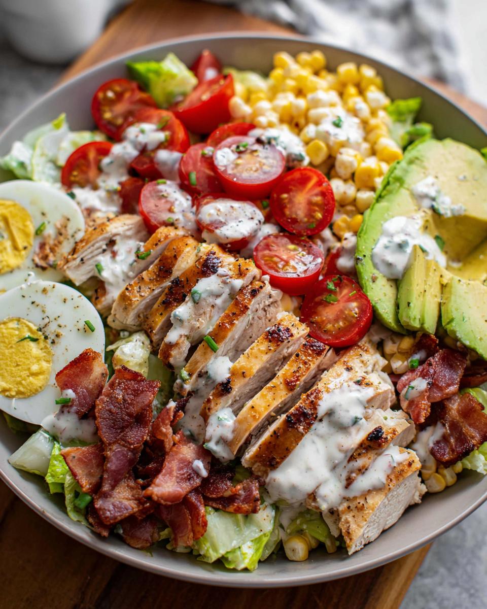 A hearty 10-ingredient chicken salad featuring grilled chicken, bacon, avocado, hard-boiled eggs, tomatoes, and corn, drizzled with dressing.