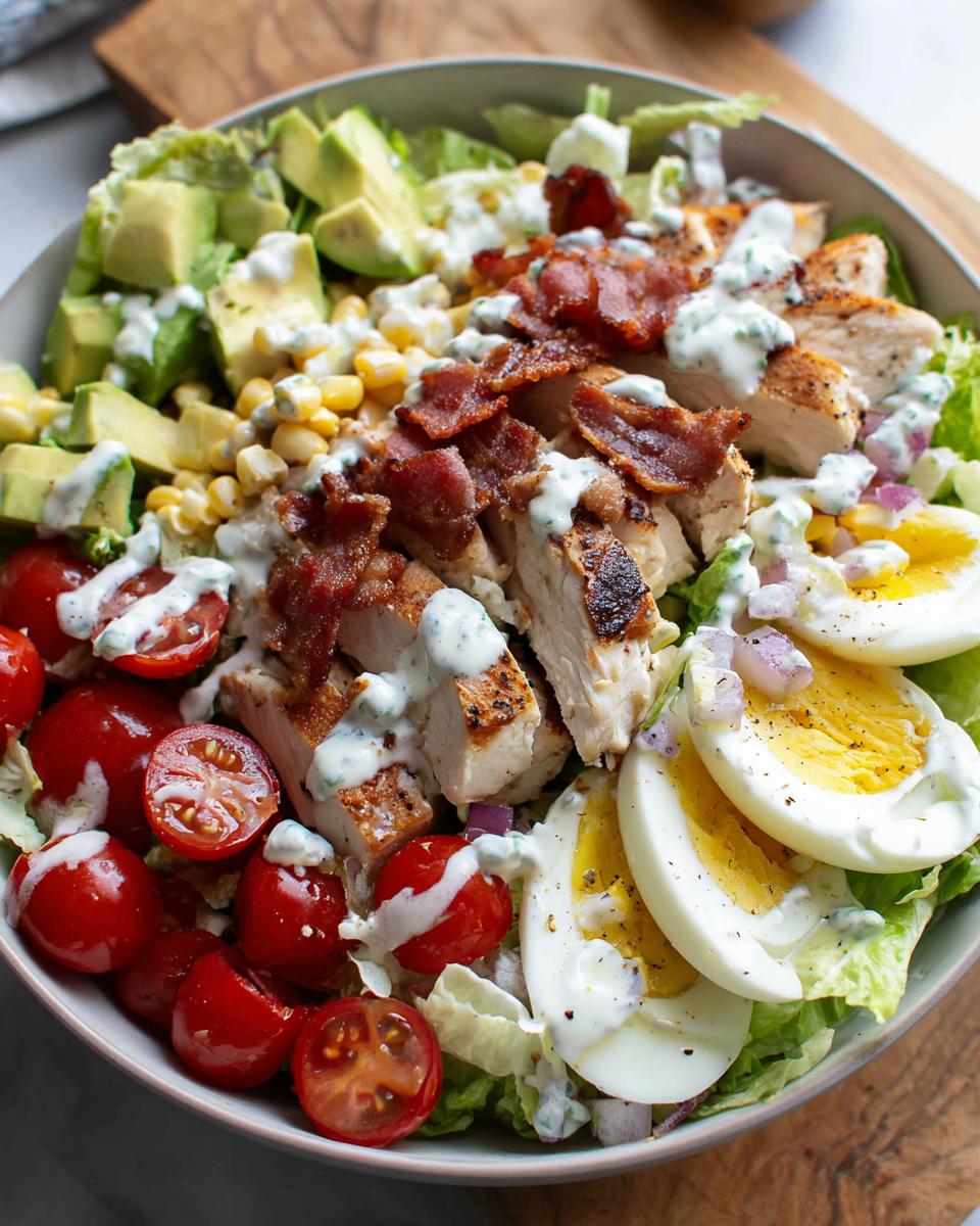 A delicious chicken salad featuring grilled chicken, bacon, avocado, corn, cherry tomatoes, and hard-boiled eggs, drizzled with creamy dressing.