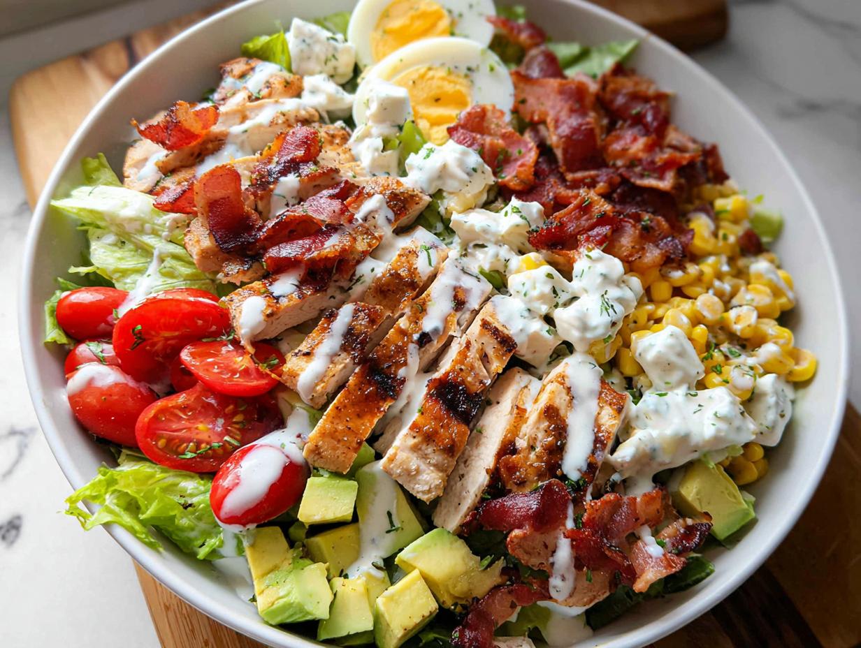 A vibrant 10-ingredient chicken salad featuring grilled chicken, crispy bacon, avocado, corn, tomatoes, and hard-boiled eggs.