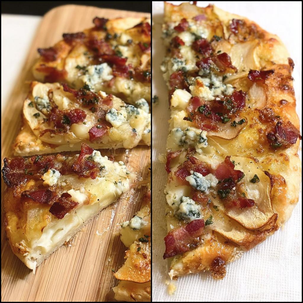 Close-up of slices from a 10-ingredient pizza recipe, topped with crispy bacon, blue cheese, and thinly sliced potatoes.