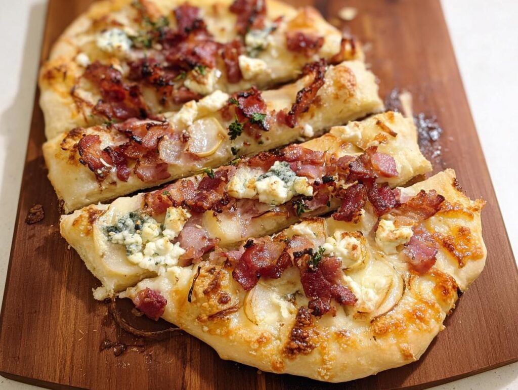 A close-up of a delicious 10-ingredient pizza with bacon, blue cheese, and thinly sliced onions on a wooden board.