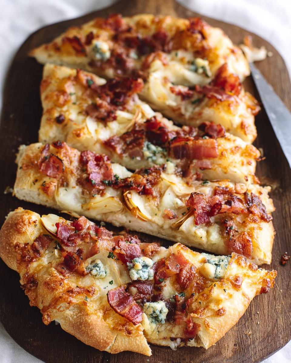 Slices of a delicious 10-ingredient pizza with crispy bacon and blue cheese on a wooden board.
