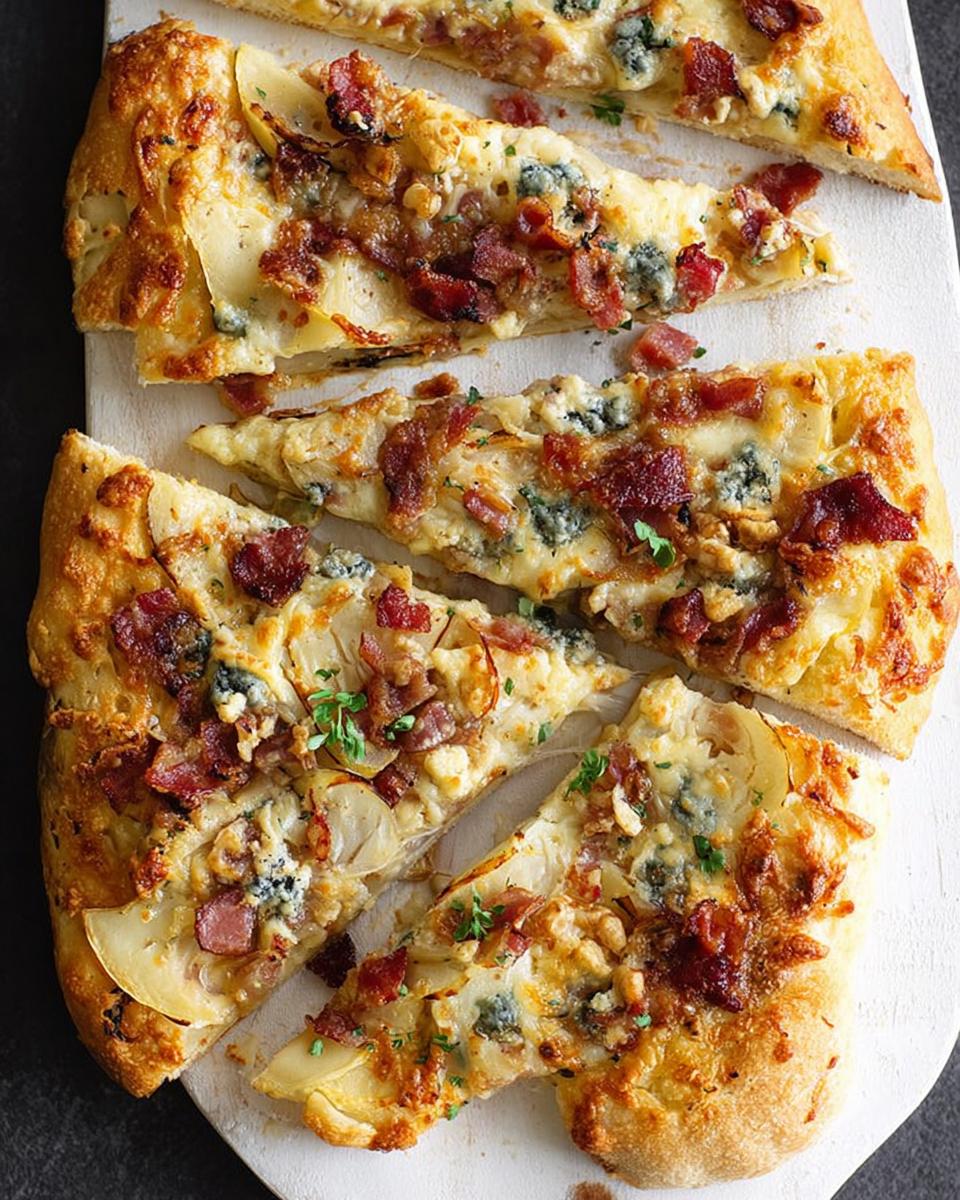Close-up of slices of a delicious 10-ingredient pizza topped with bacon, blue cheese, and thinly sliced potatoes.