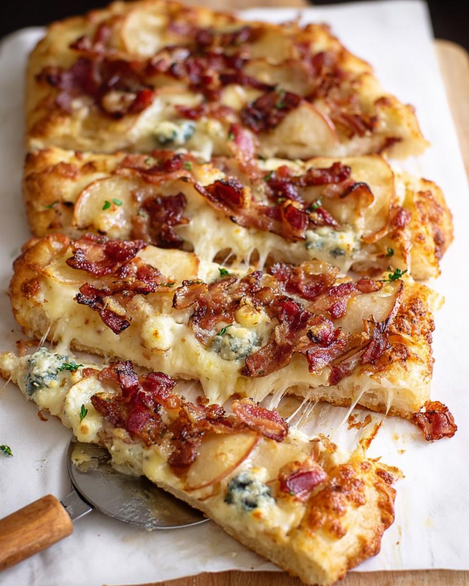 Close-up of a slice of pear and bacon pizza with melted cheese, part of a 10-Ingredient Pizza Night recipe.
