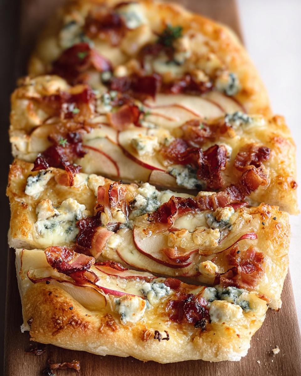 Close-up of a pear and bacon pizza slice with blue cheese, part of the 10-Ingredient Pizza Night Recipes.