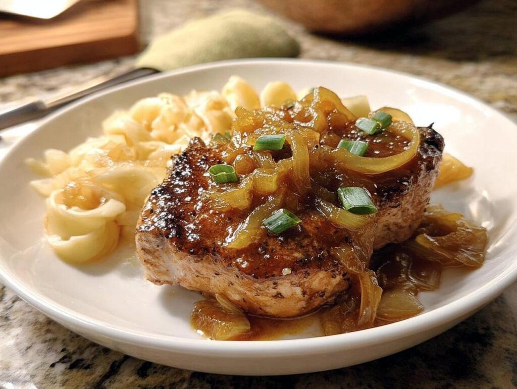 A juicy pork chop topped with caramelized onions and green onions, served with pasta.