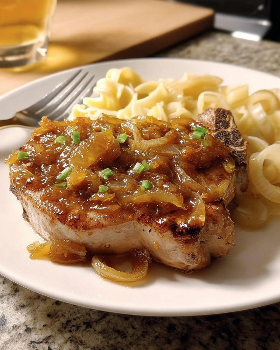 A juicy 10-ingredient pork chop recipe topped with caramelized onions and chives, served with egg noodles.