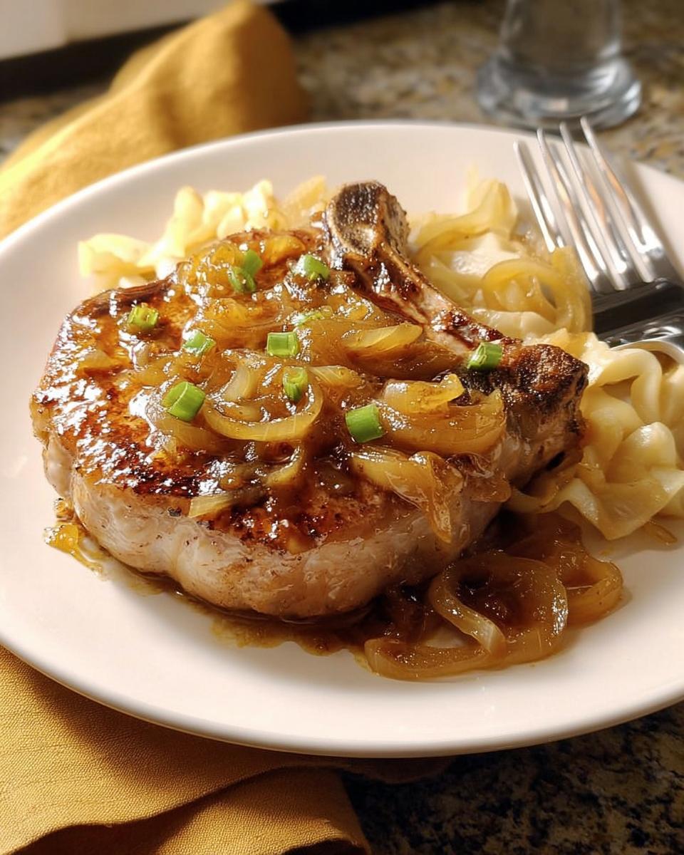 A juicy 10-ingredient pork chop recipe served with caramelized onions and noodles, garnished with green onions.