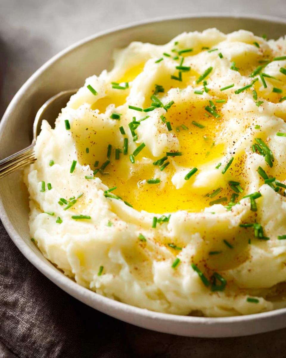 A bowl of creamy 12-Ingredient Mashed Potatoes, topped with melted butter, chives, and a sprinkle of pepper.