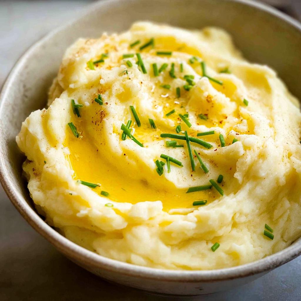 Close-up of fluffy 12-Ingredient Mashed Potatoes recipe, topped with melted butter and fresh chives.