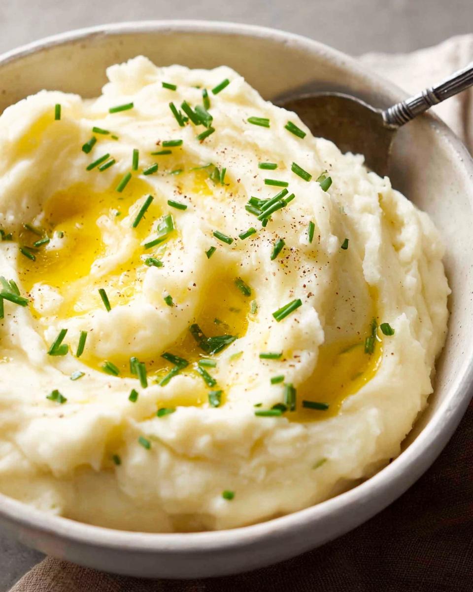 Close-up of fluffy 12-Ingredient Mashed Potatoes topped with melted butter and fresh chives.