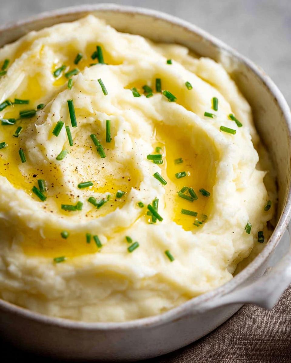 Close-up of fluffy 12-Ingredient Mashed Potatoes topped with melted butter and fresh chives.