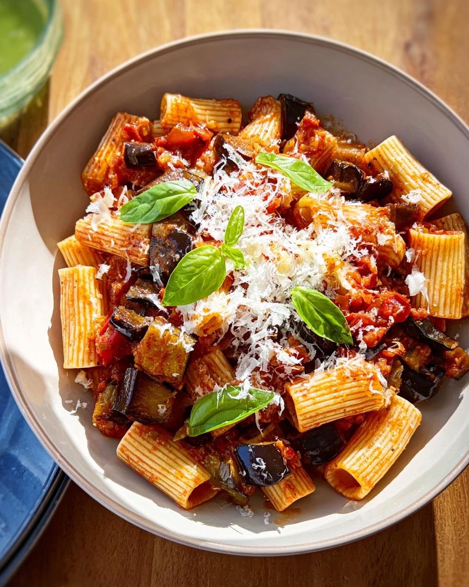 A close-up of a bowl of rigatoni pasta with a rich tomato and eggplant sauce, topped with grated cheese and fresh basil leaves. Part of a 12-Ingredient Pasta Recipe.