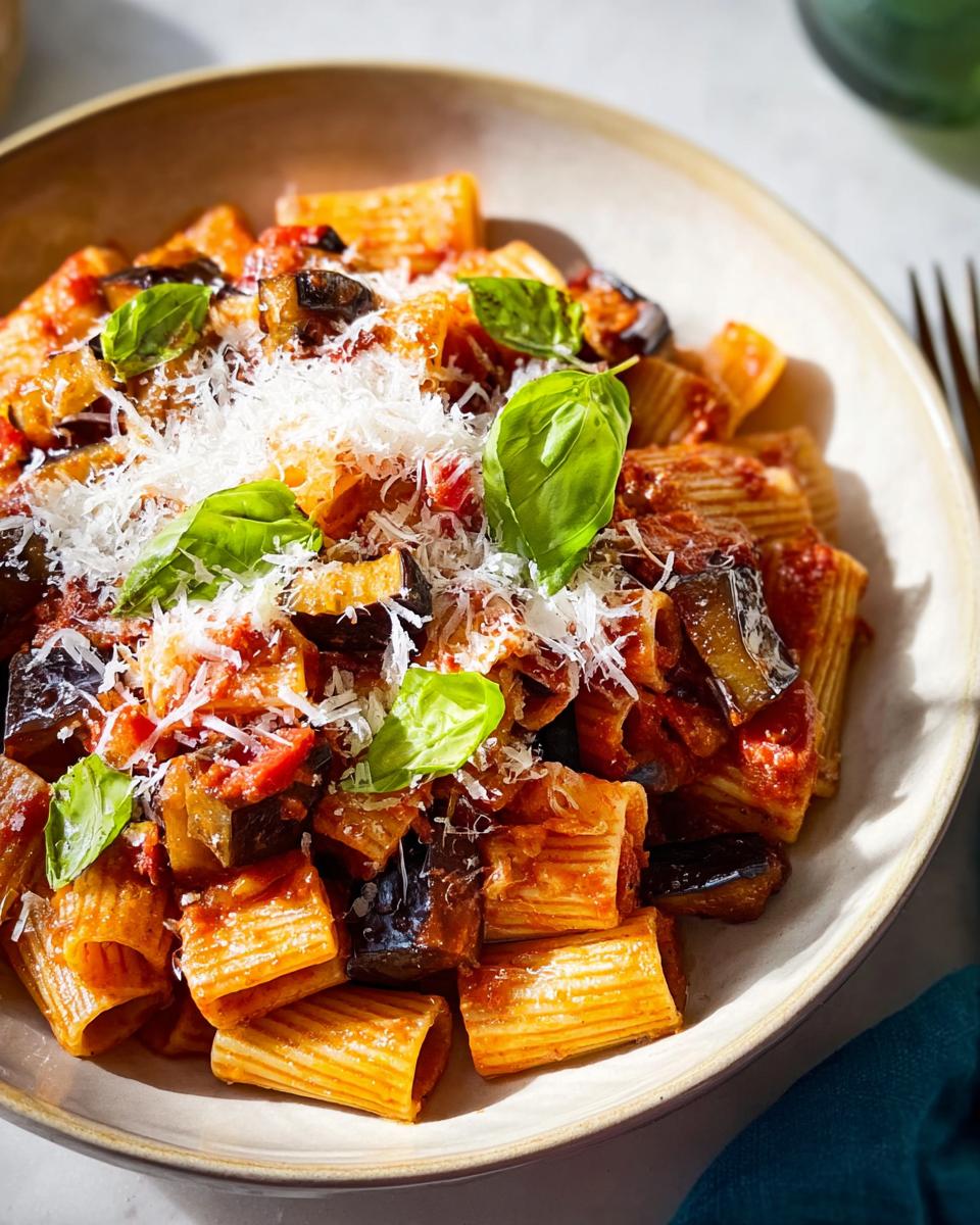 A close-up of rigatoni pasta with chunks of eggplant, tomato sauce, and fresh basil, topped with grated cheese. This is one of our 12-Ingredient Pasta Recipes.