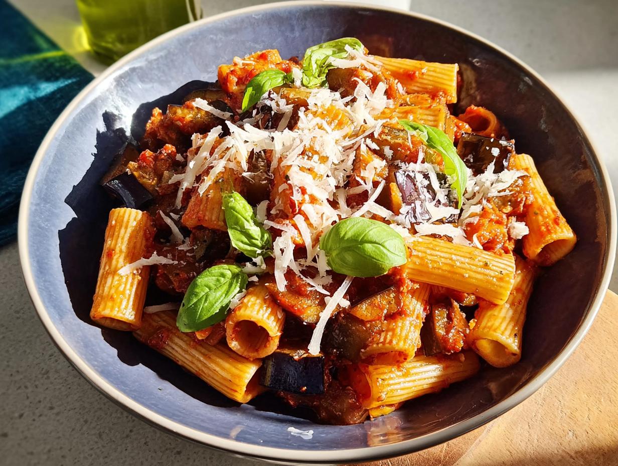 A close-up of a bowl of rigatoni pasta with a rich tomato and eggplant sauce, topped with grated cheese and fresh basil. This is one of our 12-Ingredient Pasta Recipes.