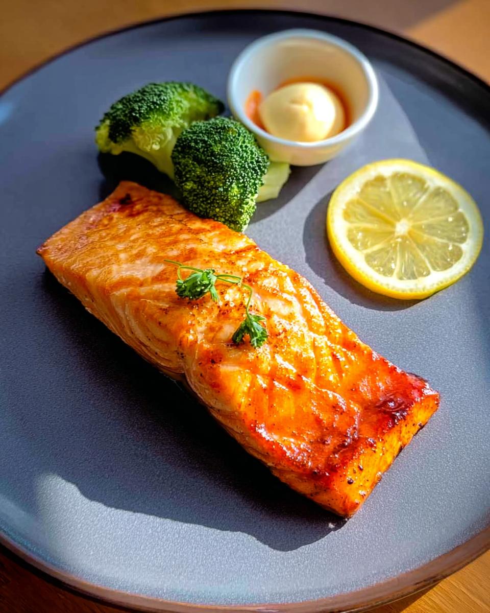 A perfectly cooked salmon fillet served with steamed broccoli, a lemon slice, and a small dish of sauce, showcasing one of our 12-Ingredient Salmon Recipes.