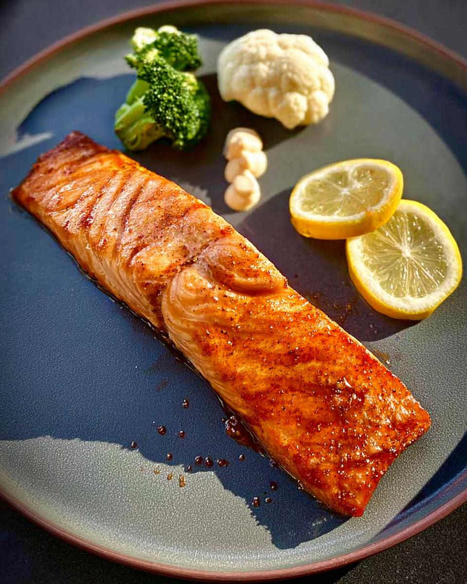 A perfectly cooked salmon fillet seasoned with spices, served with broccoli, cauliflower, lemon slices, and a dollop of sauce.