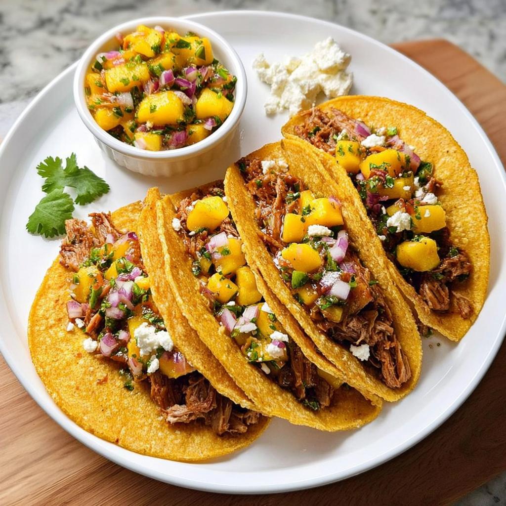 Three mouthwatering tacos filled with shredded meat, mango salsa, and crumbled cheese, perfect for 12-Ingredient Taco Tuesday.