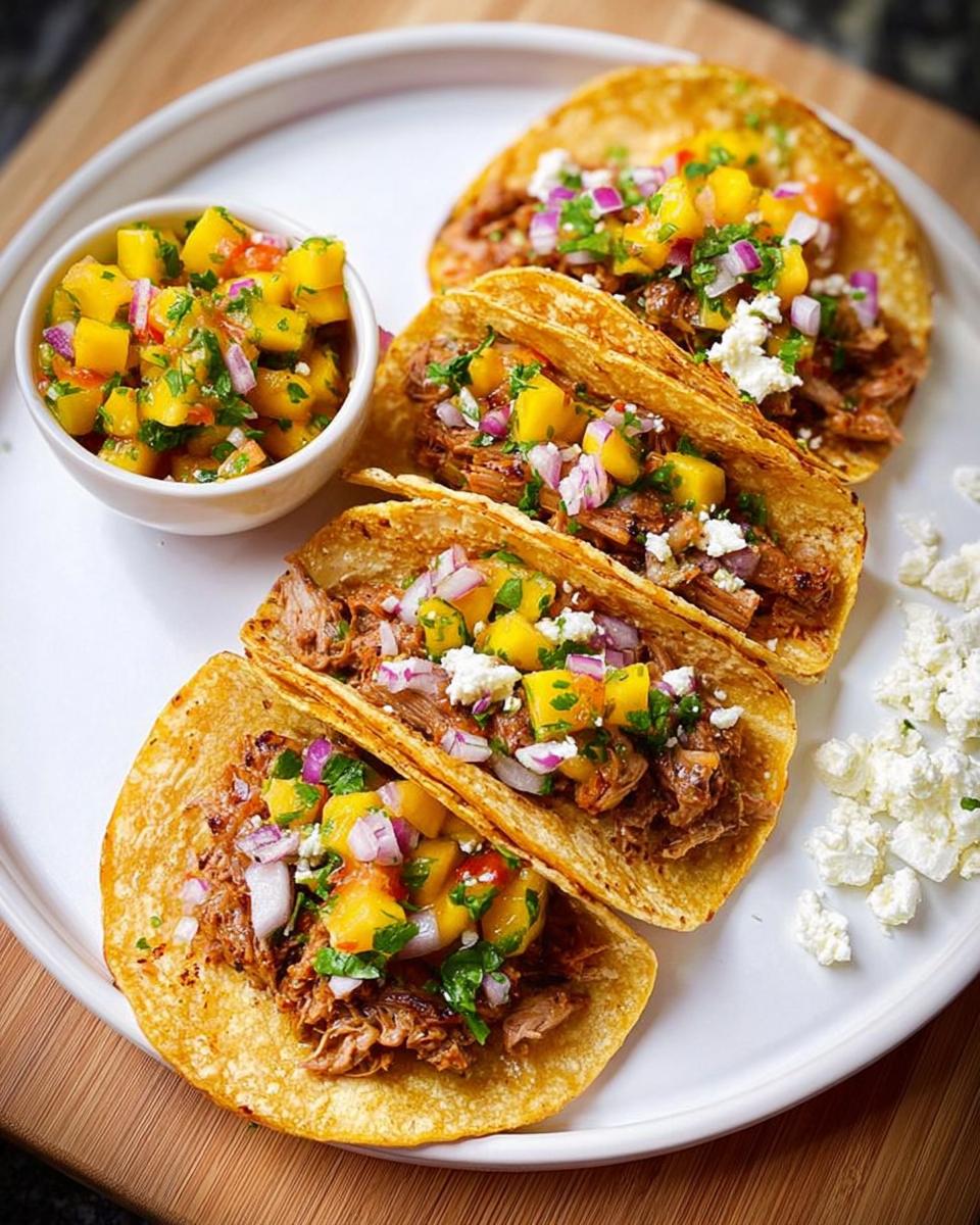 A plate of delicious pulled pork tacos topped with mango salsa, red onion, cilantro, and crumbled cheese, perfect for 12-Ingredient Taco Tuesday.