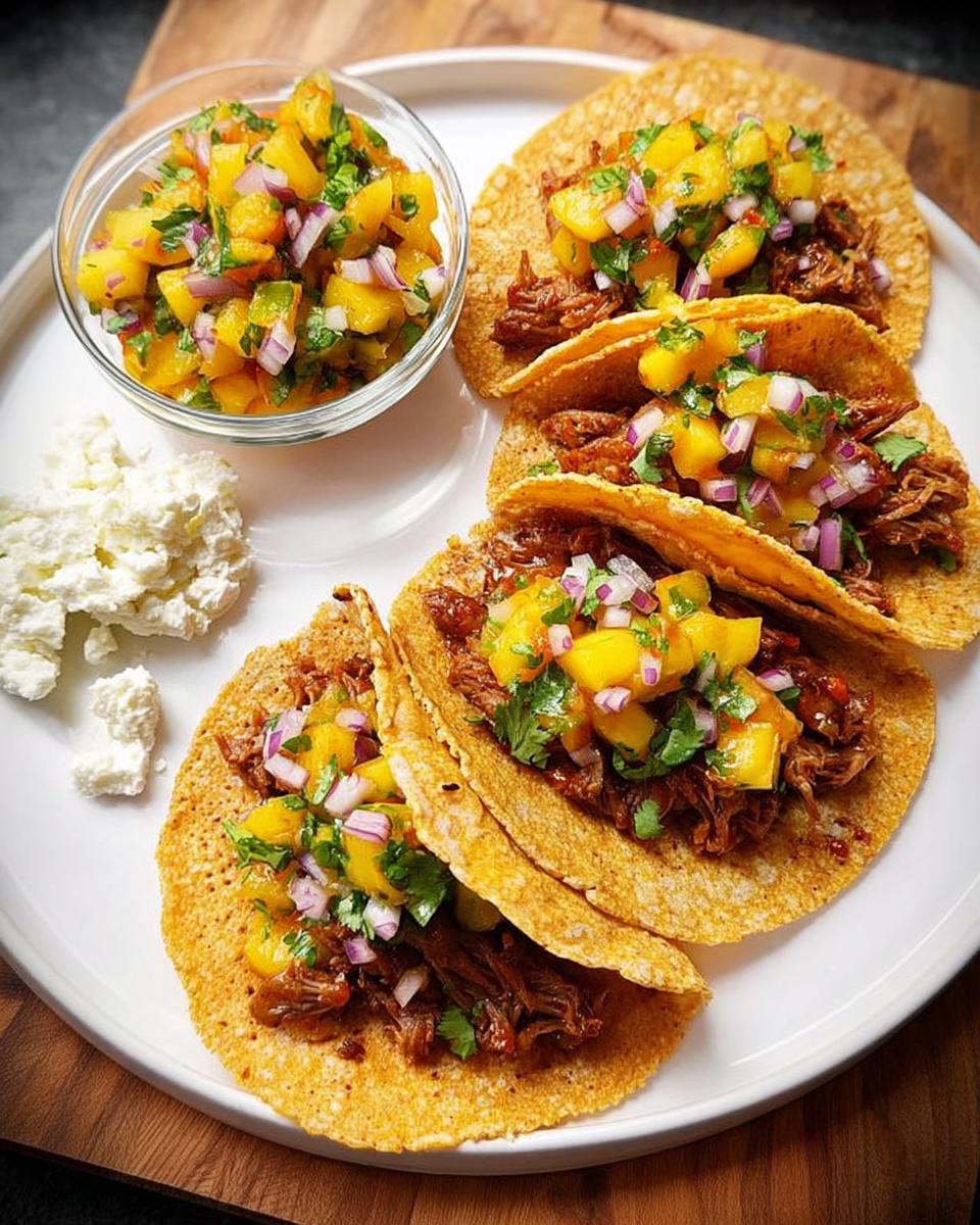 Four delicious tacos filled with shredded meat and topped with a vibrant mango salsa for 12-Ingredient Taco Tuesday Recipes.