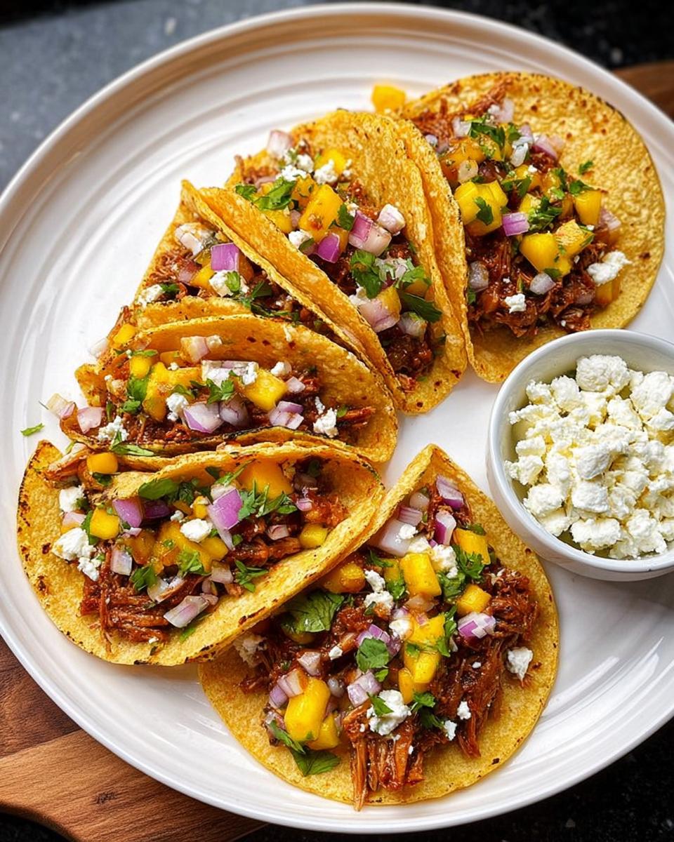 A plate of 12-Ingredient Taco Tuesday Recipes filled with shredded meat, mango salsa, red onion, and crumbled cheese.