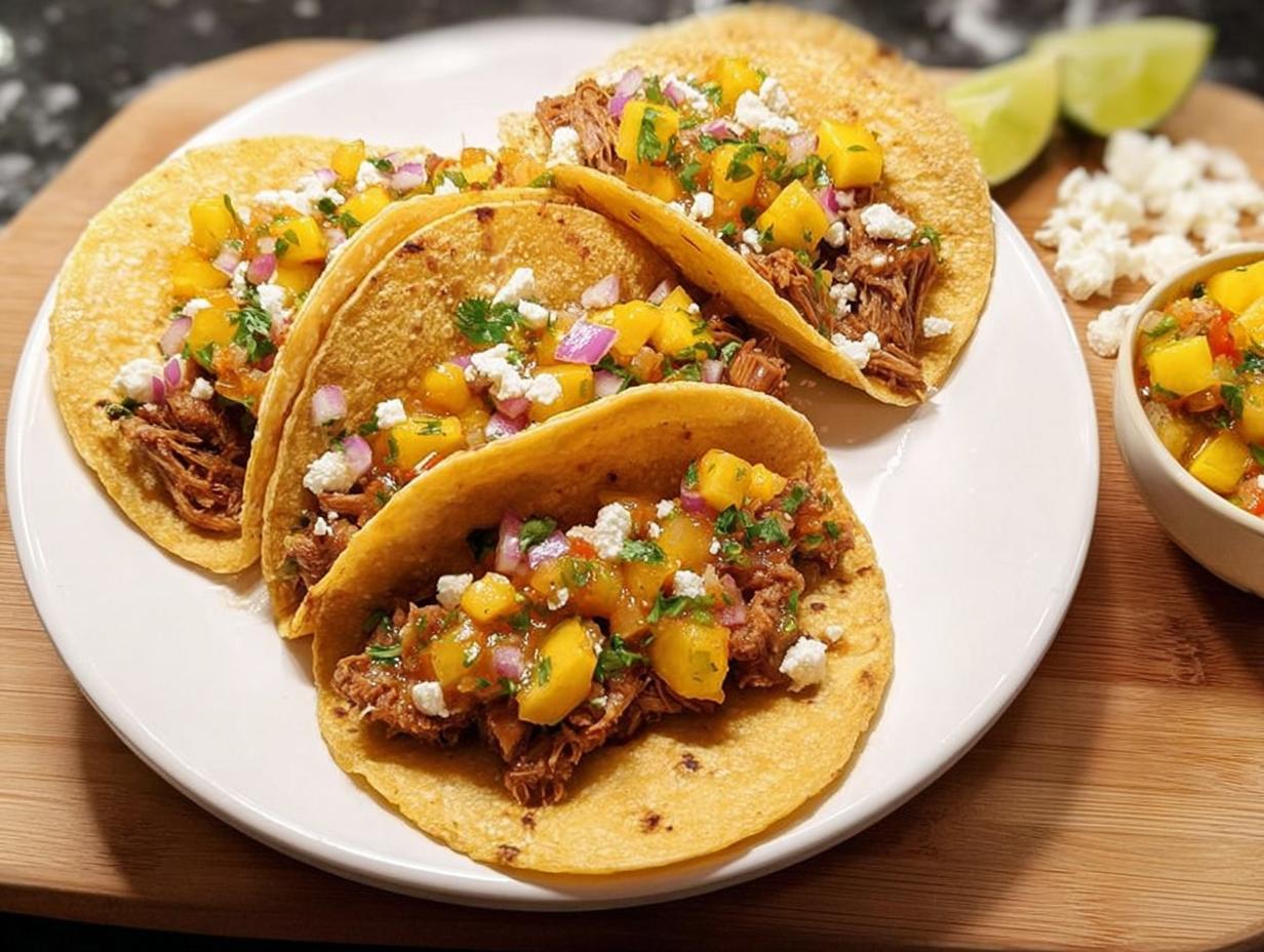 Three corn tortillas filled with shredded meat, topped with mango salsa, red onion, cilantro, and crumbled cheese for 12-Ingredient Taco Tuesday Recipes.
