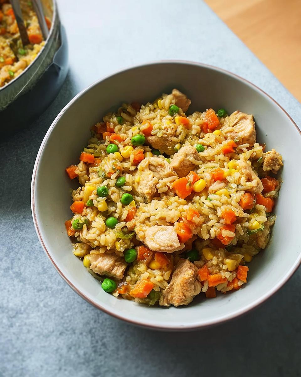 A bowl of quick and easy 12-minute rice bowls recipe with chicken, peas, carrots, and corn.