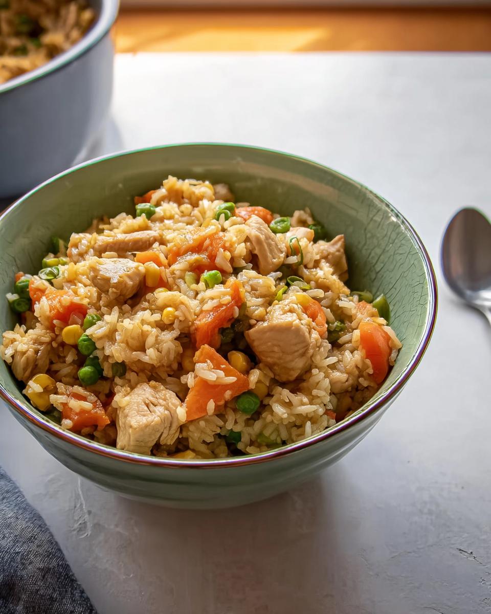 A close-up of a green bowl filled with a 12-minute chicken and vegetable rice bowl, featuring rice, chicken pieces, peas, carrots, and corn.