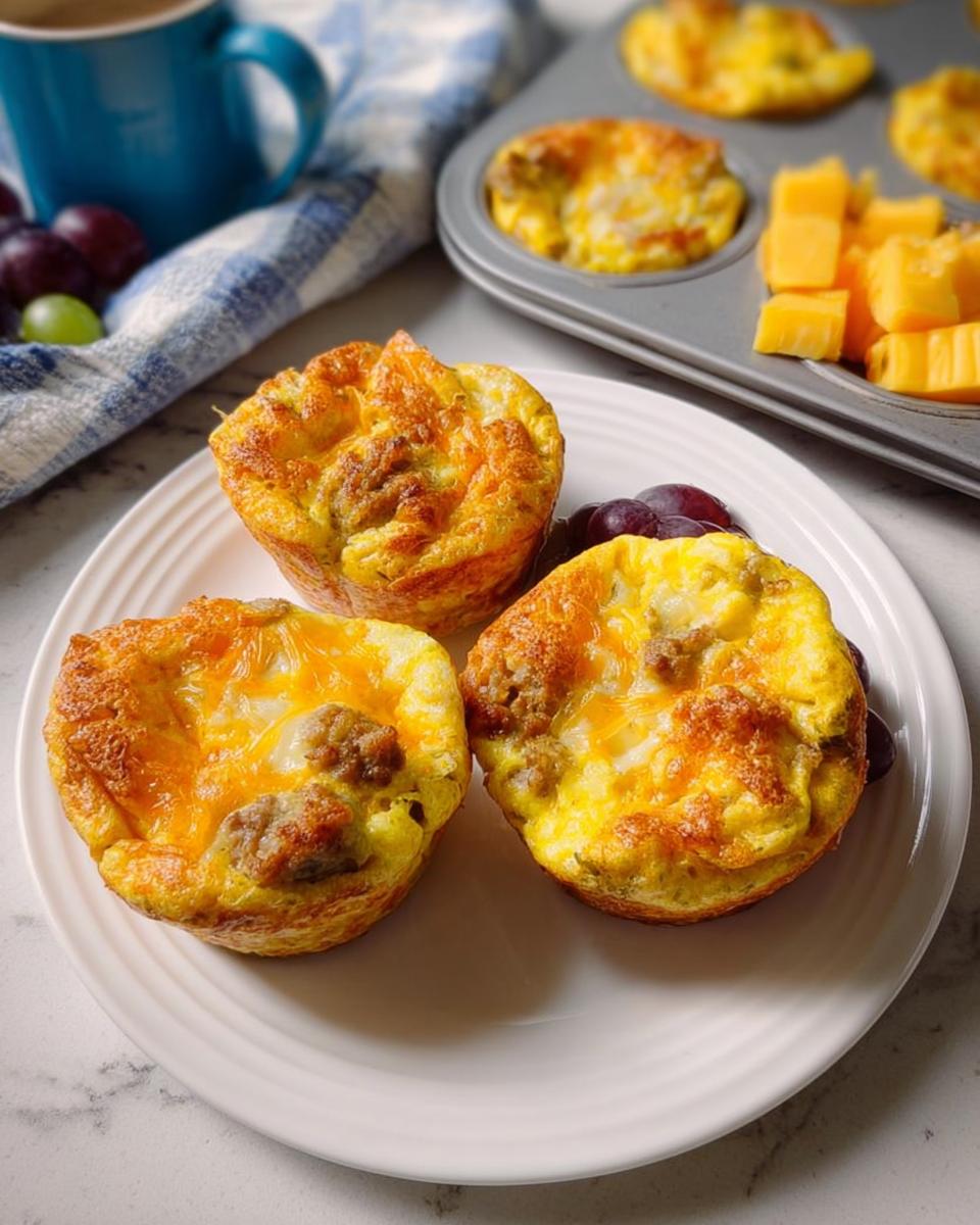 Three savory egg muffins with sausage and cheese on a white plate, part of 20-Ingredient Breakfast Ideas.