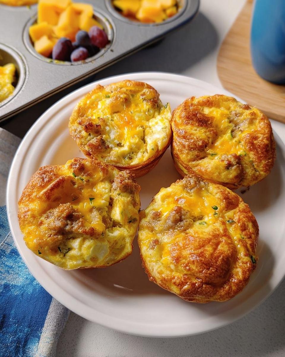 Four savory egg muffins with sausage and cheese, part of 20-Ingredient Breakfast Ideas Recipes.