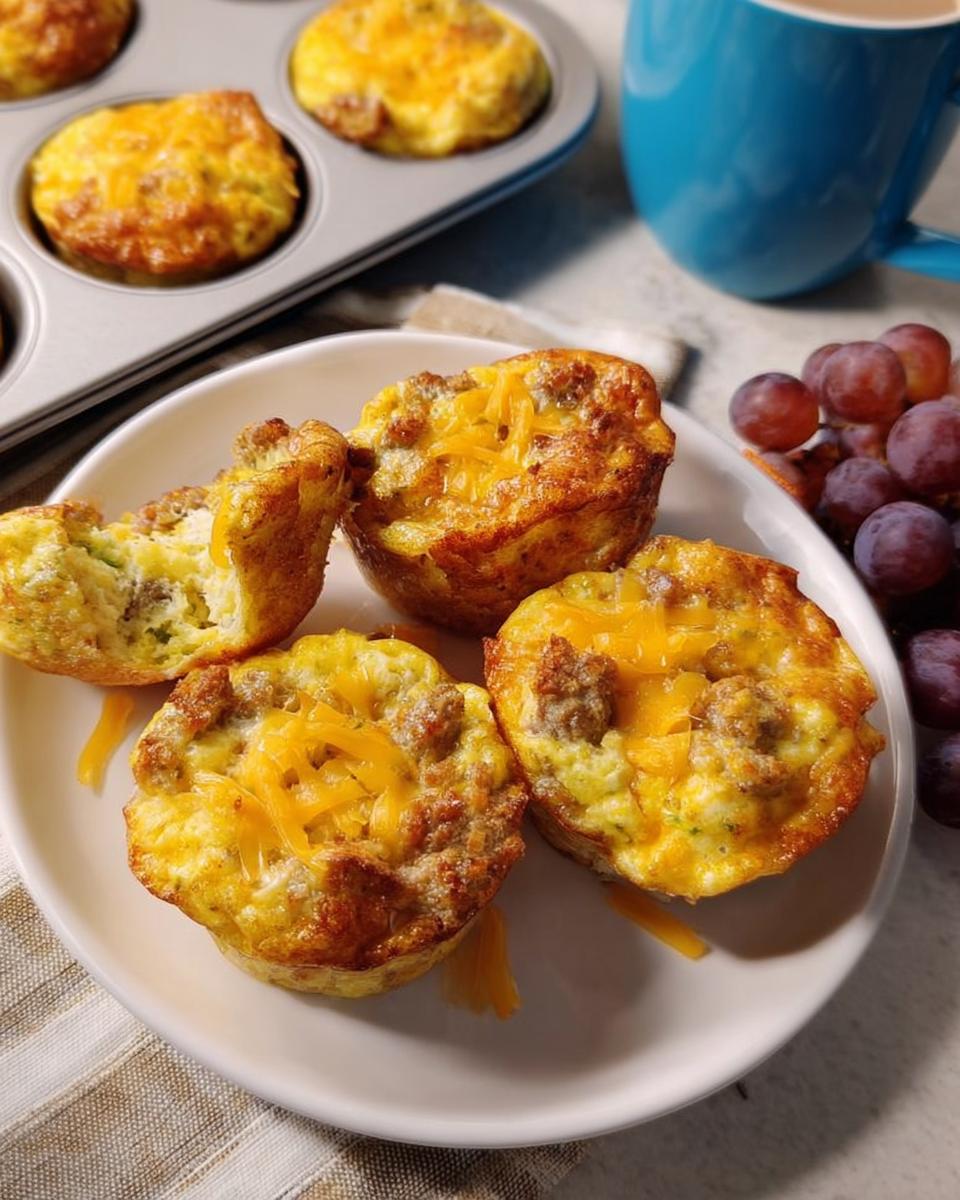 Close-up of sausage and cheese egg muffins, part of 20-Ingredient Breakfast Ideas Recipes.