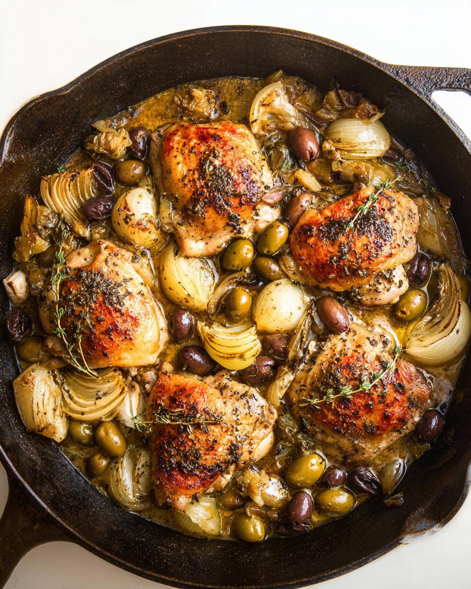 A close-up overhead view of a skillet filled with 20-ingredient chicken thigh recipe, featuring chicken thighs, olives, and onions.