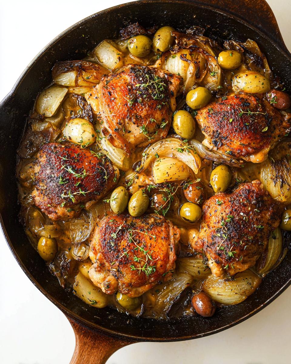 Close-up of juicy chicken thighs baked with onions and olives in a cast-iron skillet. A 20-ingredient chicken thigh recipe.