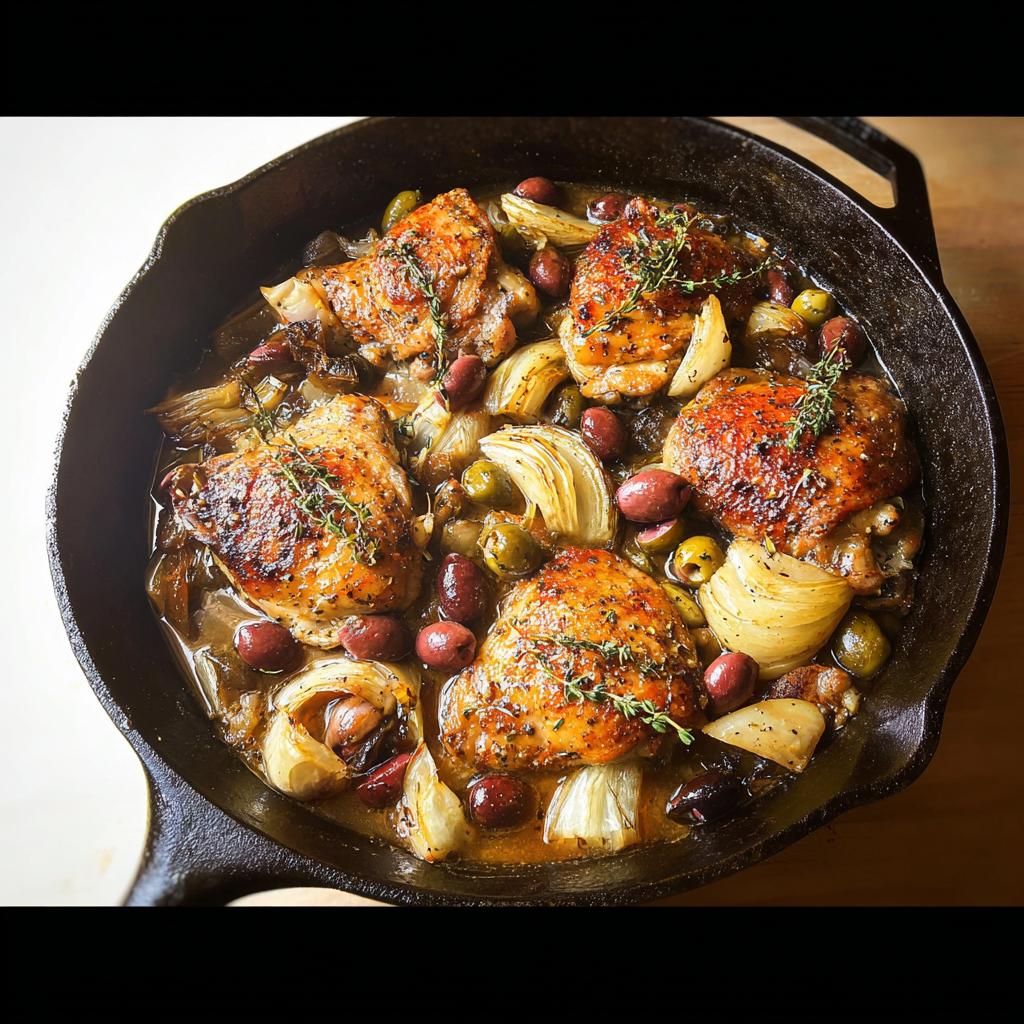 A close-up of 20-Ingredient Chicken Thigh Recipes cooked in a cast-iron skillet with olives and fennel.
