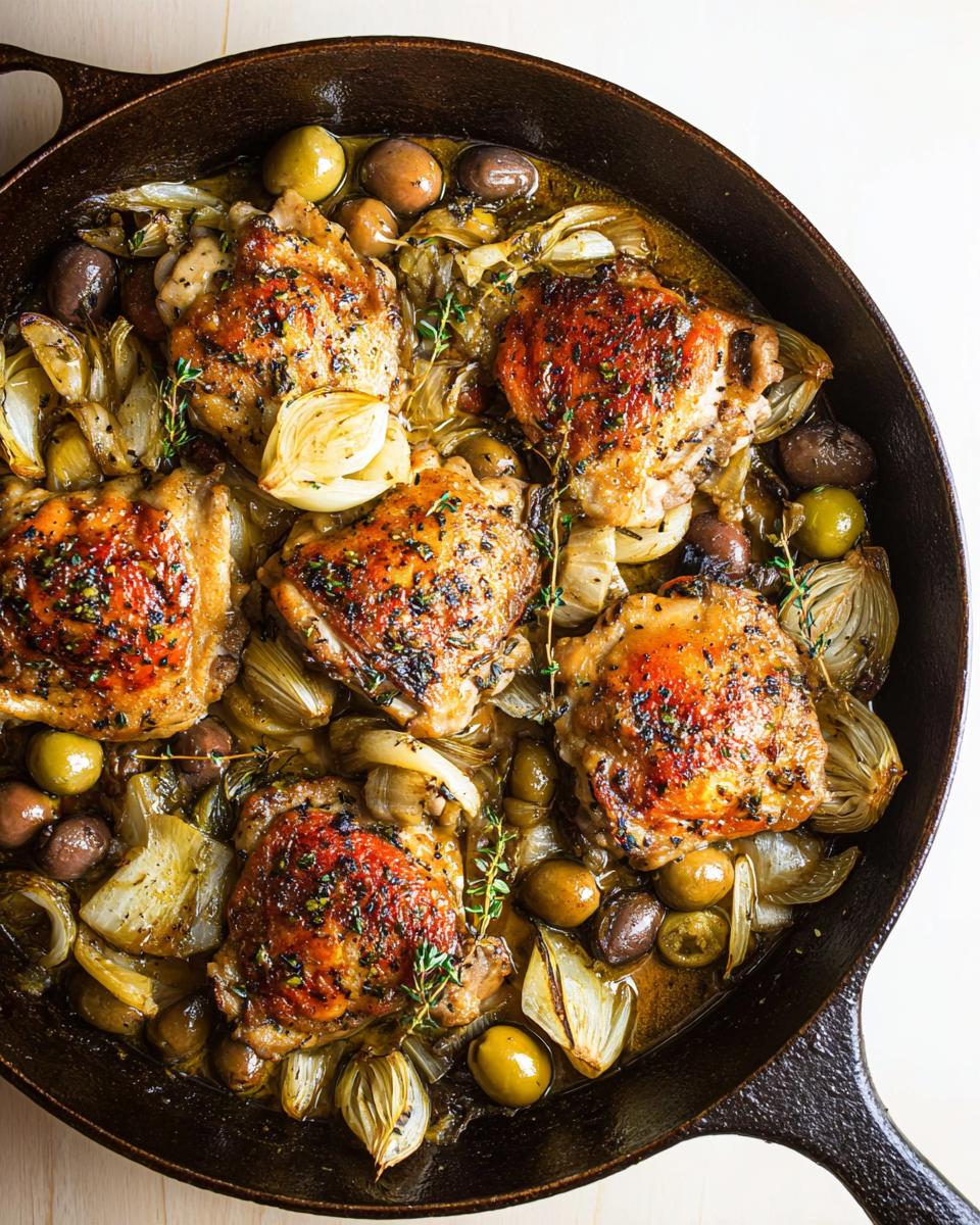 A close-up of juicy chicken thighs baked with olives and fennel in a cast-iron skillet, part of 20-Ingredient Chicken Thigh Recipes.