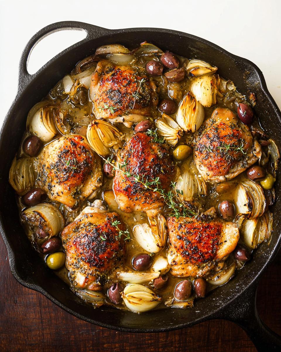 A cast iron skillet filled with perfectly cooked 20-ingredient chicken thighs, onions, and olives.