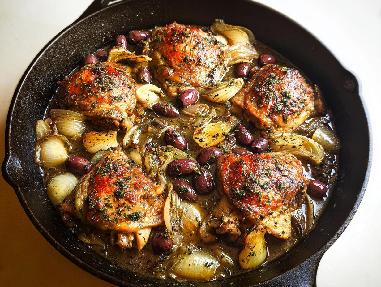 A cast iron skillet filled with juicy chicken thighs, caramelized onions, and Kalamata olives, seasoned with herbs.