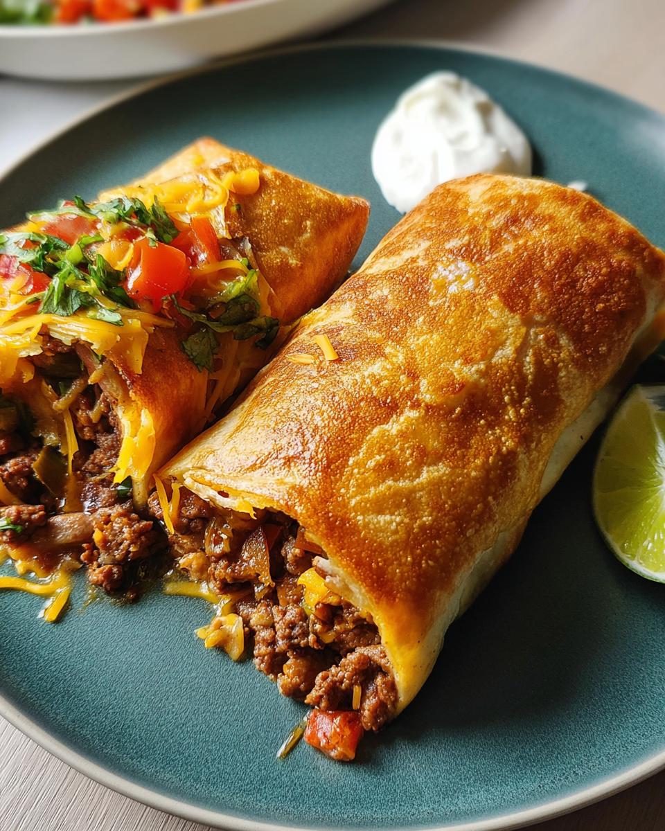 Close-up of two crispy beef burritos, one cut open showing meat and cheese filling, served with sour cream and lime.