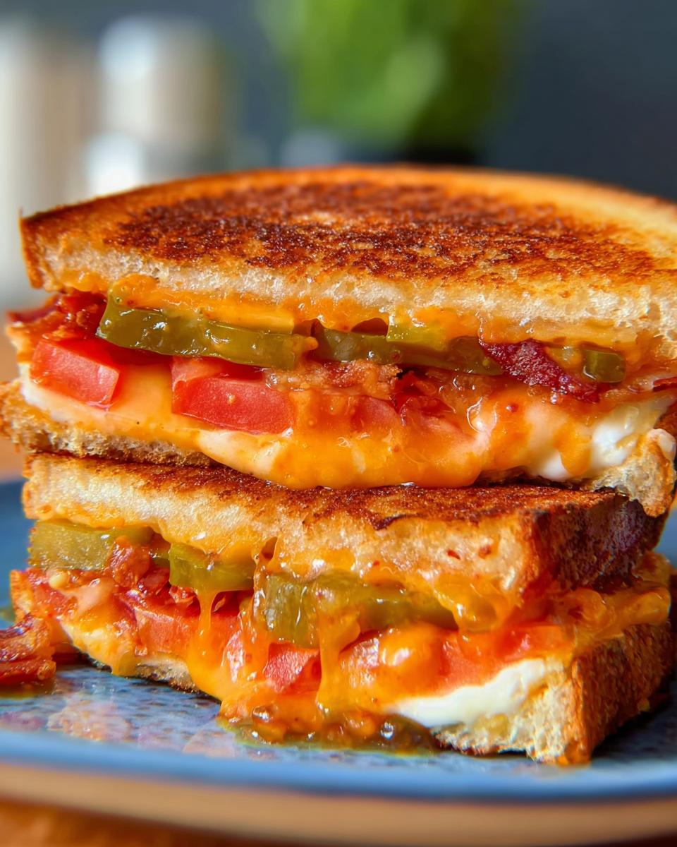 Close-up of a stacked 20-ingredient grilled cheese recipe with melted cheese, tomatoes, and pickles.
