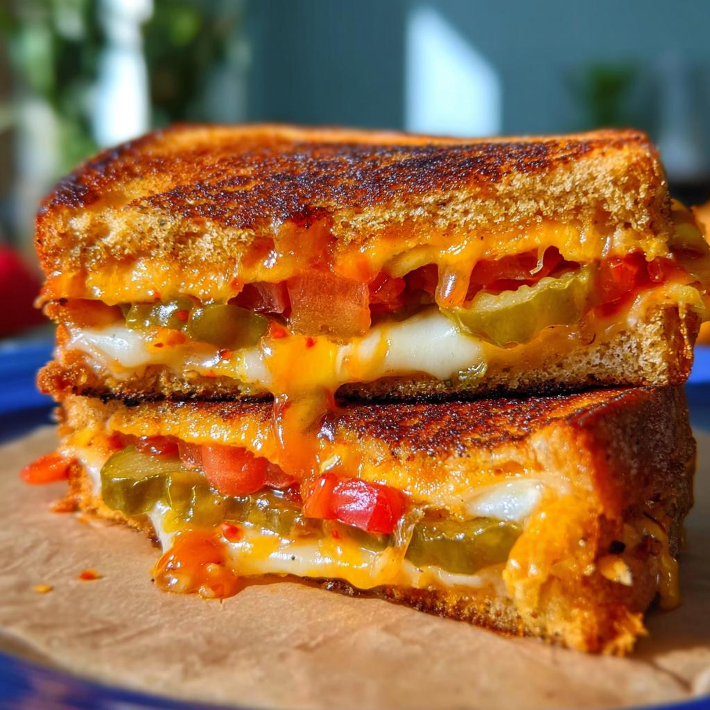 A close-up of a perfectly grilled cheese sandwich, cut in half, revealing melted cheese, pickles, and tomatoes.