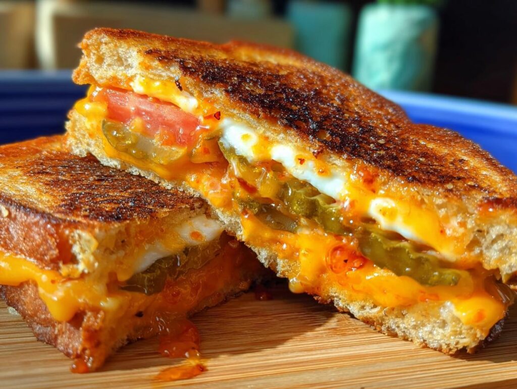 Close-up of a spicy 20-ingredient grilled cheese sandwich, cut in half, with melted cheese, pickles, and tomato.