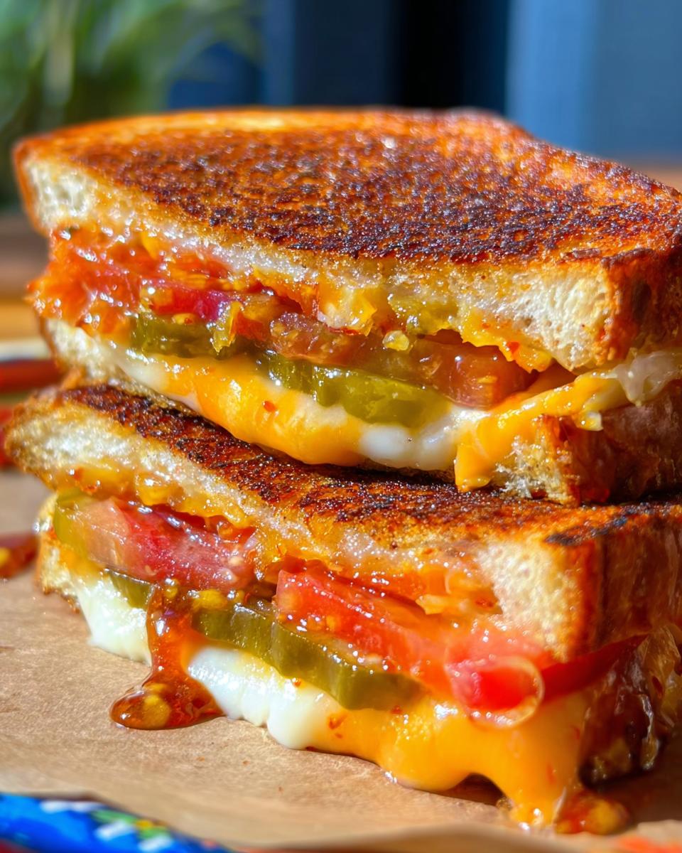 A close-up of a stacked, spicy 20-ingredient grilled cheese sandwich with melted cheese, pickles, and tomato.