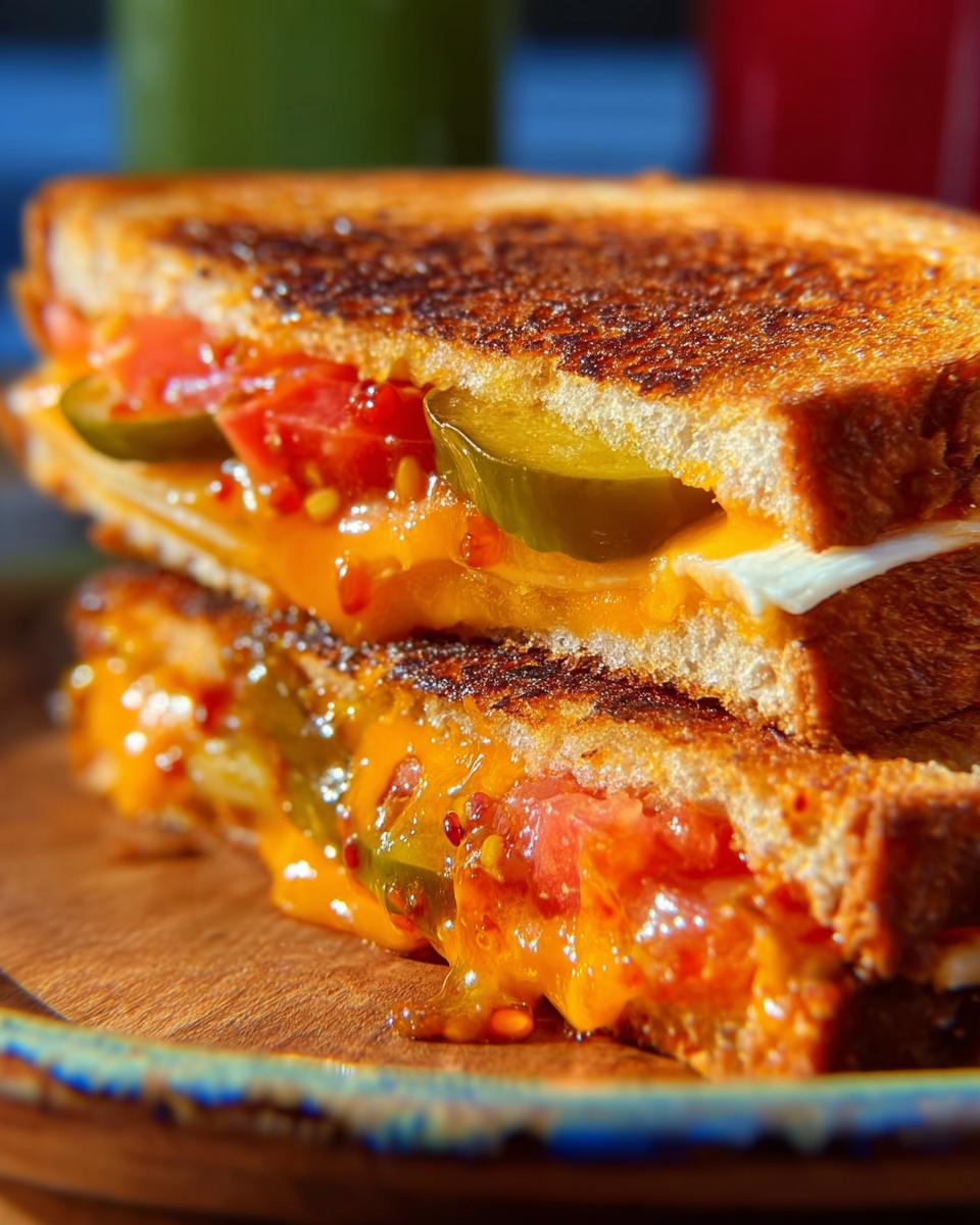 Close-up of a delicious 20-ingredient grilled cheese sandwich overflowing with melted cheese, sliced tomatoes, and pickles.