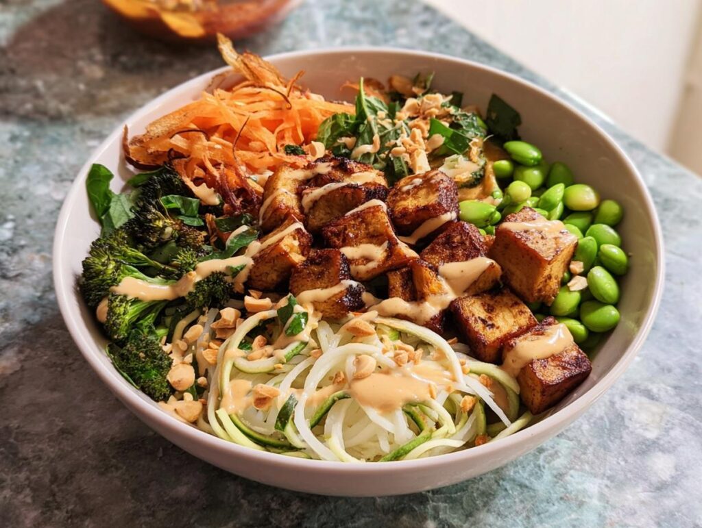 A vibrant and healthy 20-Ingredient Rice Bowl featuring crispy tofu, edamame, broccoli, and zucchini noodles.