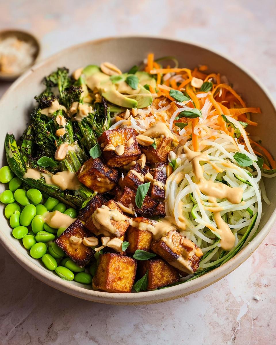 A vibrant and healthy 20-ingredient rice bowl featuring crispy tofu, edamame, roasted broccoli, avocado, and shredded carrots.
