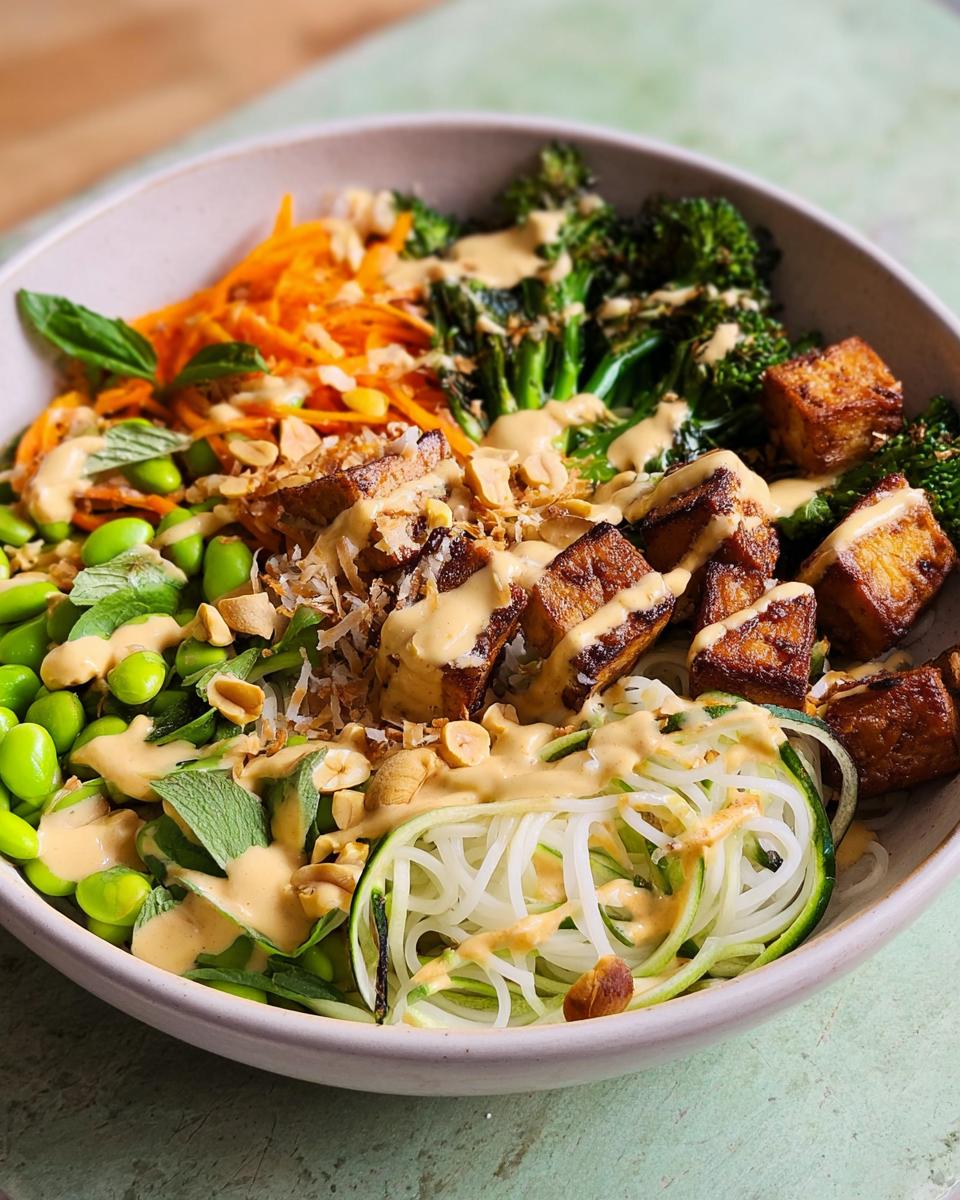 A vibrant 20-Ingredient Rice Bowl featuring crispy tofu, edamame, shredded carrots, broccoli, and zucchini noodles, drizzled with a creamy sauce.